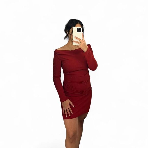 H&M Dark Red Mini Draped Off Shoulder Long Sleeve Dress Small - Picture 3 of 7
